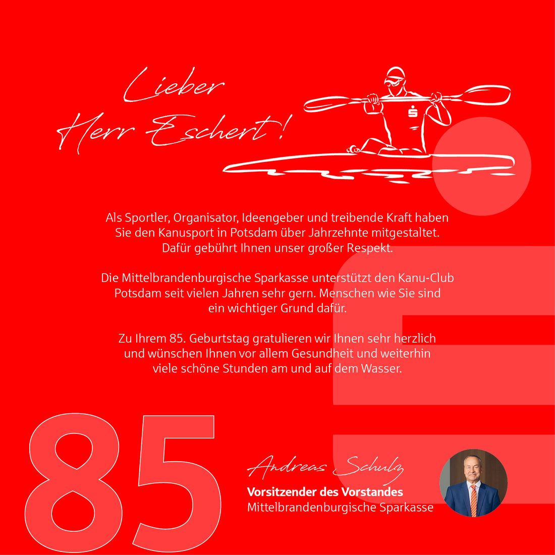 Grußkarte der Mittelbrandenburgischen Sparkasse zum 85. Geburtstag von Jürgen Eschert