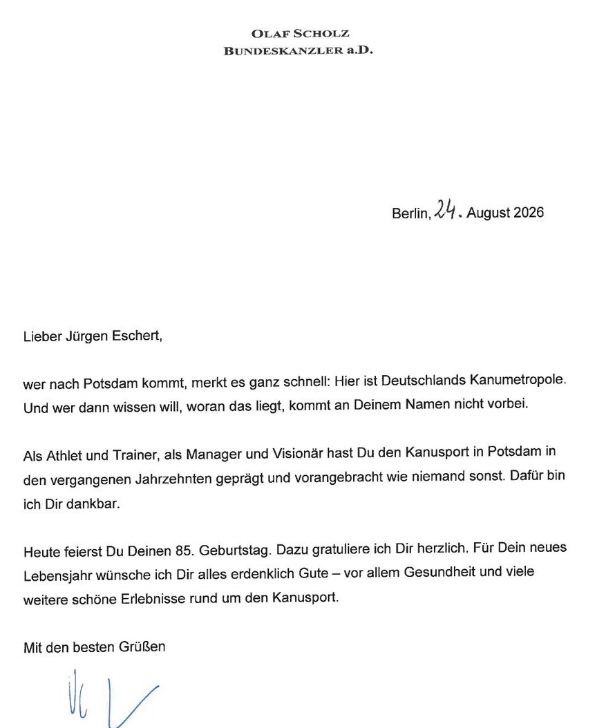 Grußwort von Olaf Scholz, Bundeskanzler a. D., an Jürgen Eschert, Berlin, 24. August 2026