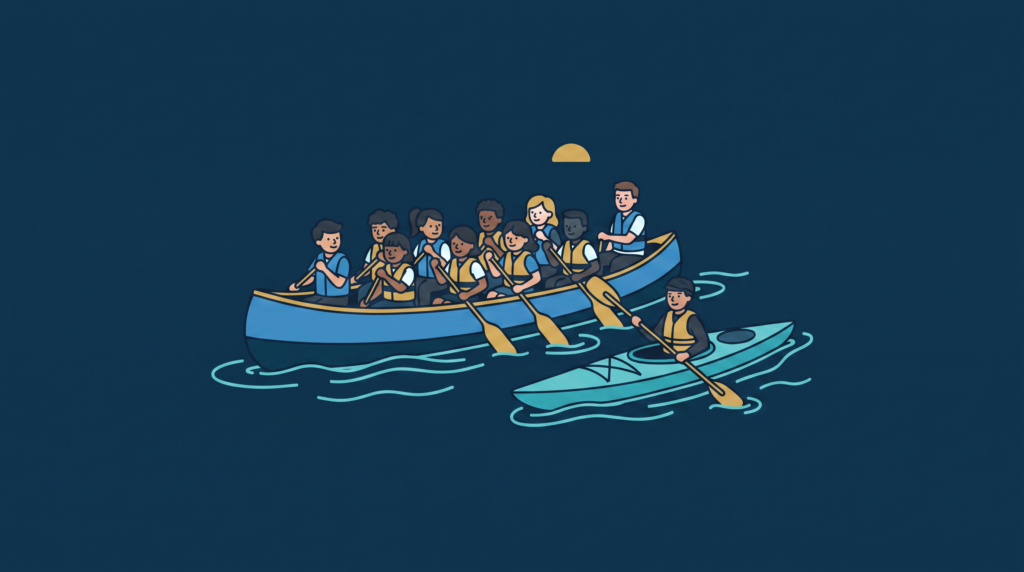Illustration: Schulklasse in einem Zehner-Mannschaftscanadier und ein Kajak auf dem Wasser